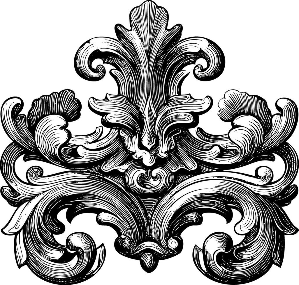 A black and white ornate corner border in a Baroque or Rococo style, featuring intricate floral and swirling ornamental elements. vector