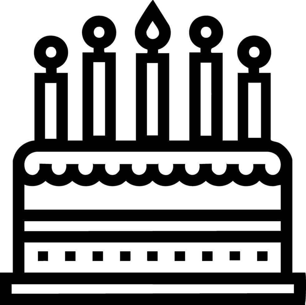 black and white outline icon of a birthday cake with five lit candles. vector