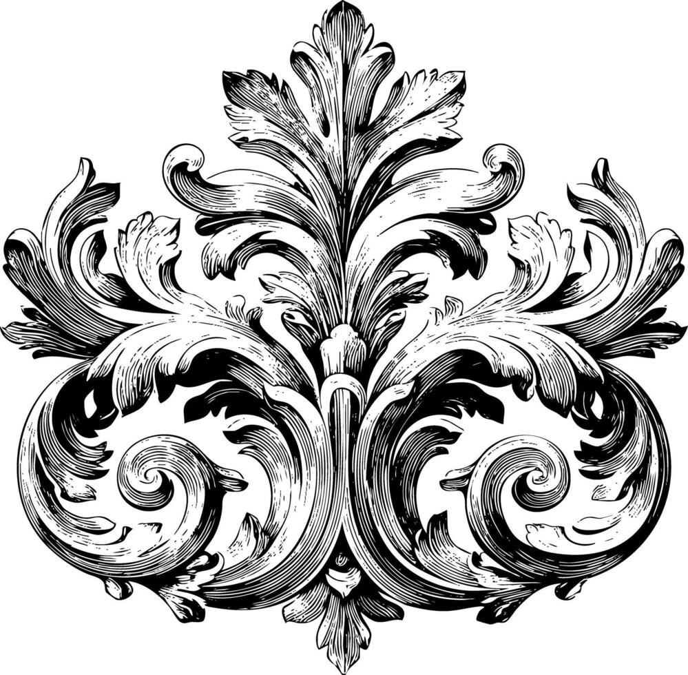 A highly detailed black and white illustration of an elaborate Baroque or Rococo ornamental design, featuring ornate swirling leaves and floral motifs with a central crest like element. vector