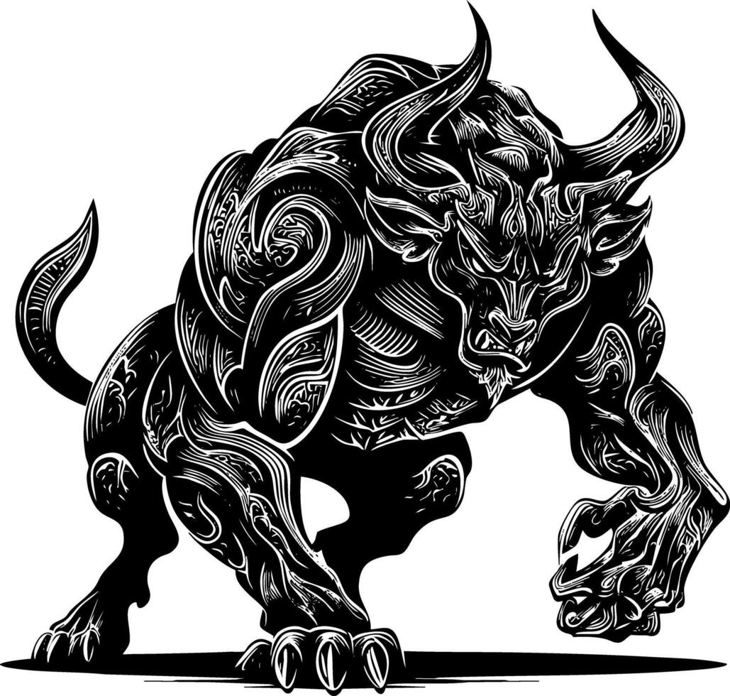 A powerful, stylized black and white illustration of a charging bull with large horns and muscular build, rendered in a woodcut or engraving style with detailed textures. vector