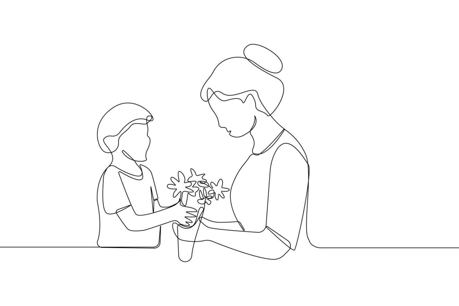 Continuous single-line art drawing of son giving flowers to his mom. vector