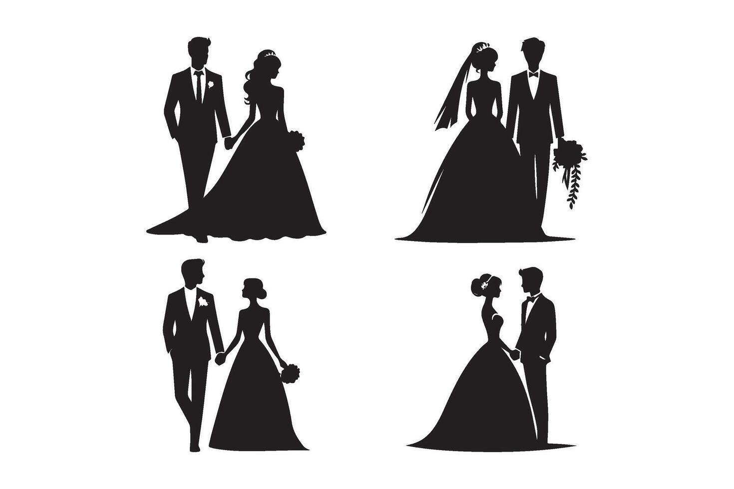 Set of bride and groom silhouette on white background. vector