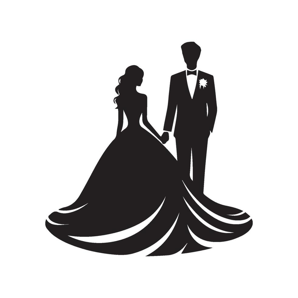Bride and groom silhouette on white background. Newlywed young couple vector