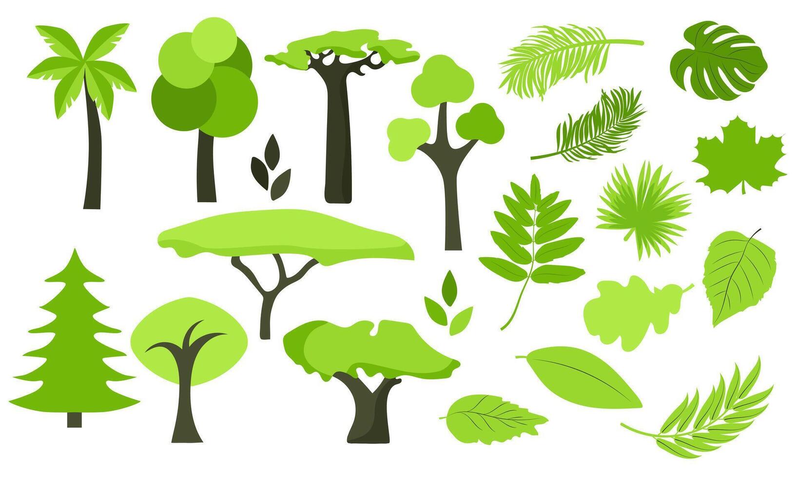 A set of bright green trees and leaves on a white background. Individual icons and elements. vector