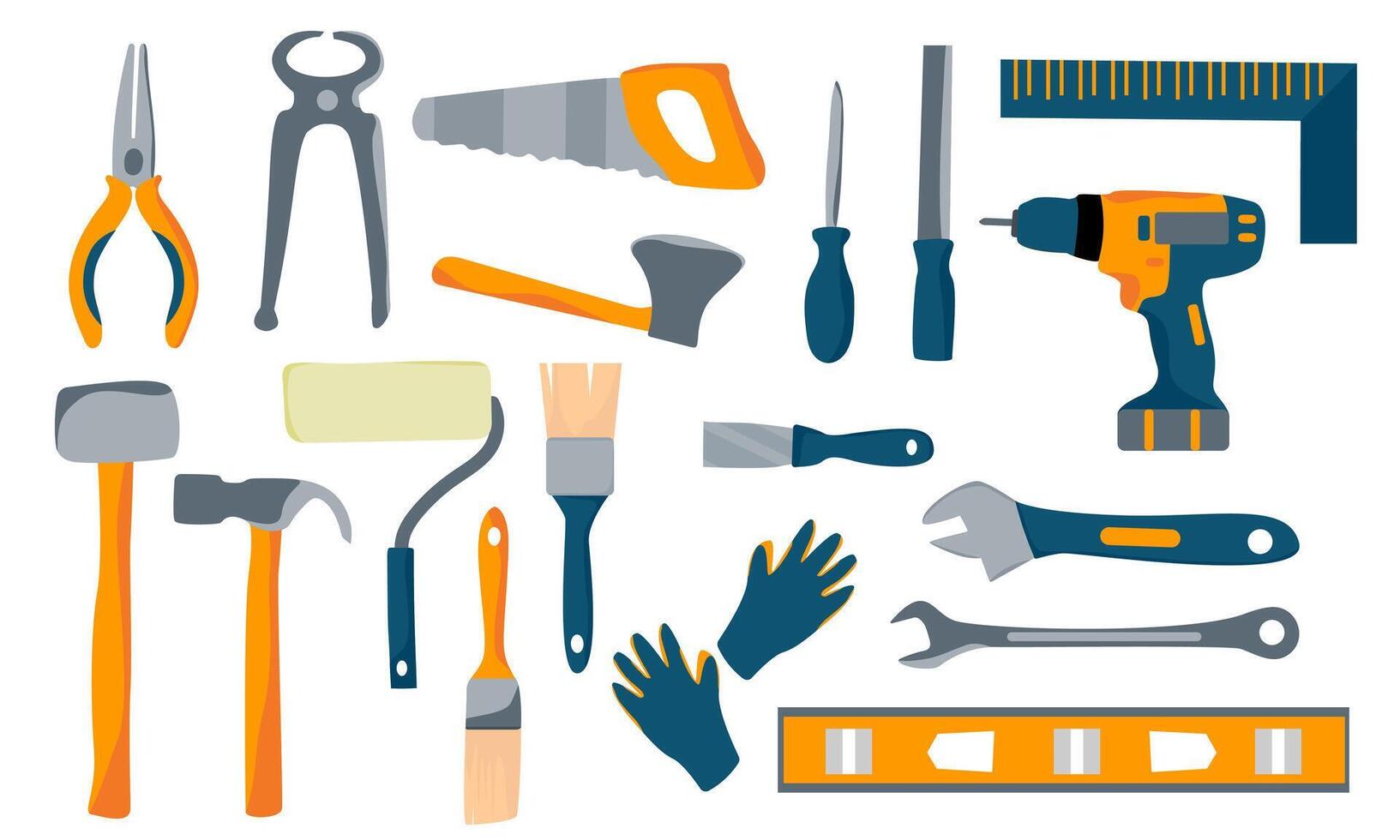 A set of various repair tools.Construction tools, screwdriver, saw, hammer and more. vector