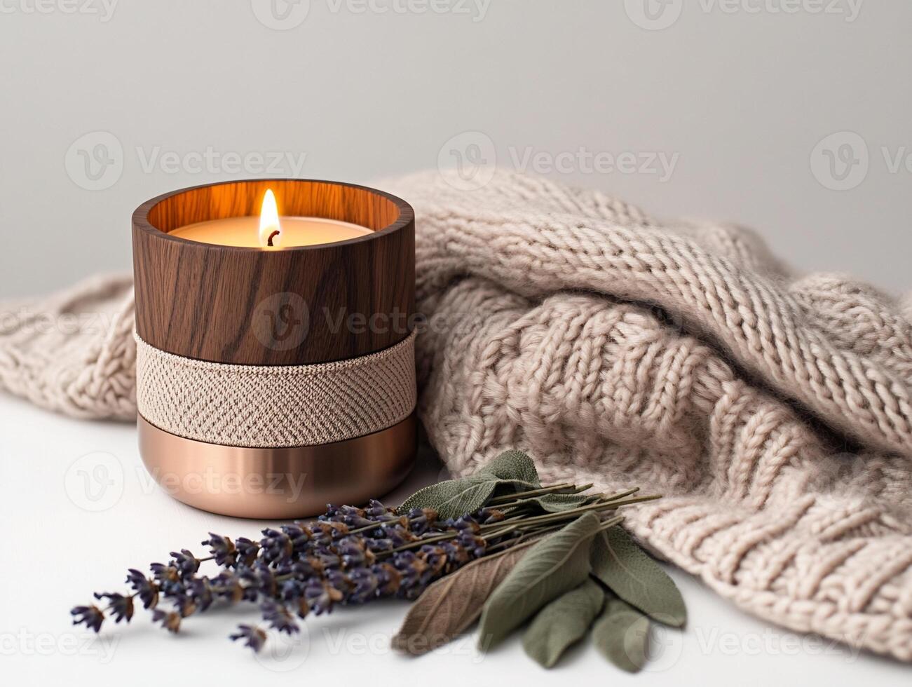 Wooden Candle with Knitted Sweater, Dried Lavender, and Sage photo