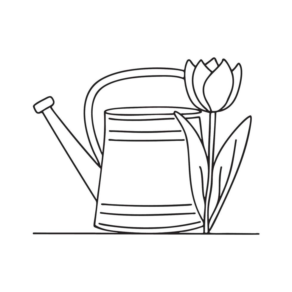 A blooming tulip located behind a watering can vector