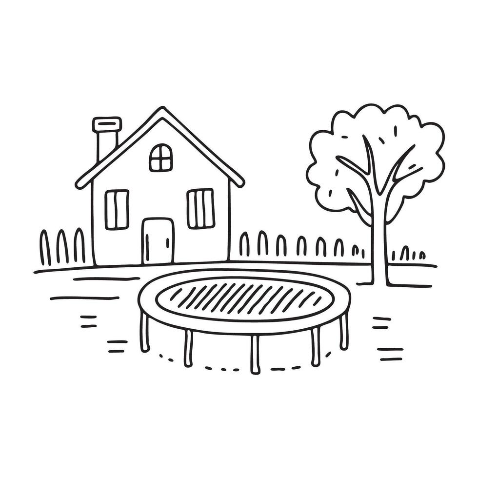 A trampoline located by a house garden window vector