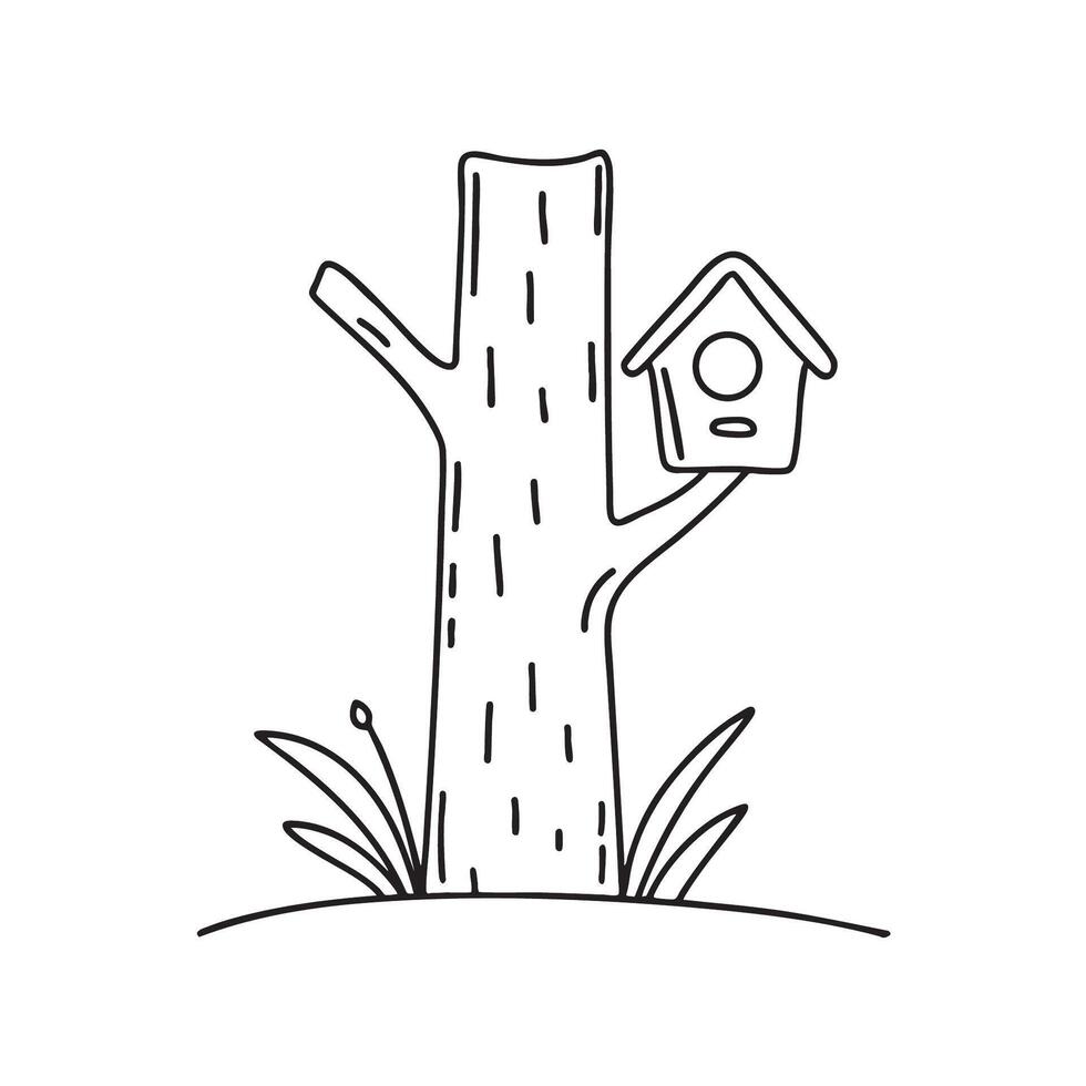 A tree trunk with a birdhouse attached vector