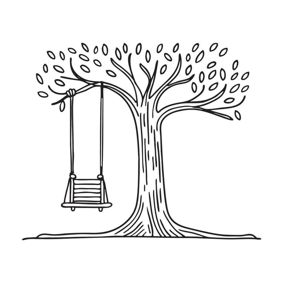 A tree trunk beneath a hanging swing vector
