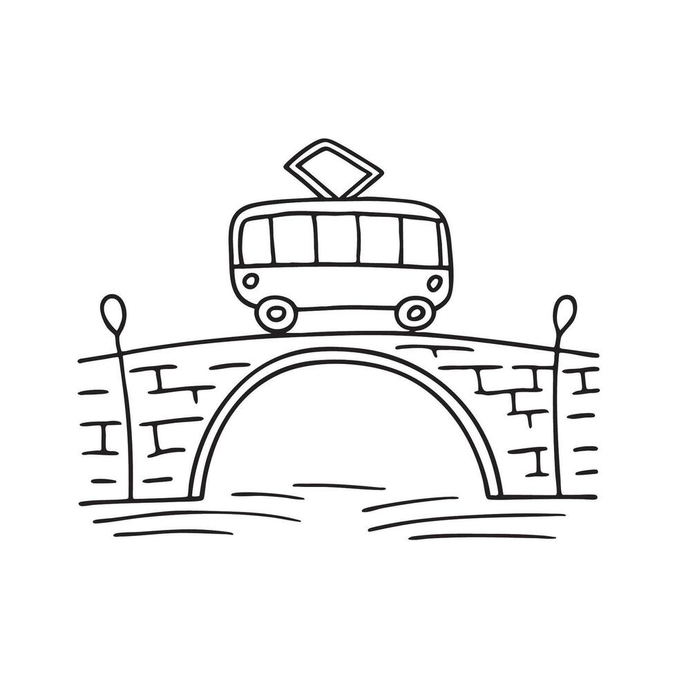 A tram crossing a narrow bridge vector