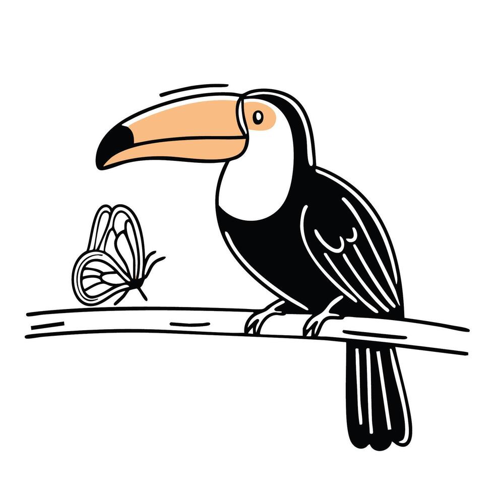 A toucan sitting near a butterfly vector