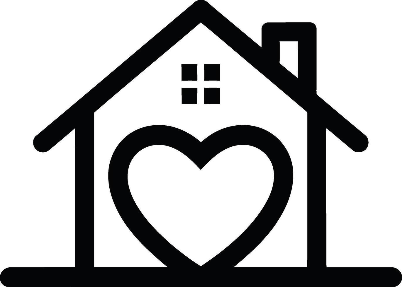 Simple line art of a house with a heart, symbolizing love for home. vector