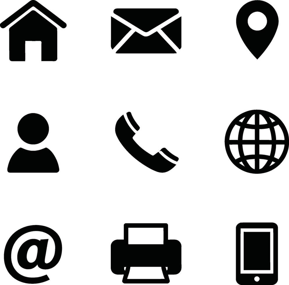 Set of Simple Black Flat Contact Icons on White Background vector