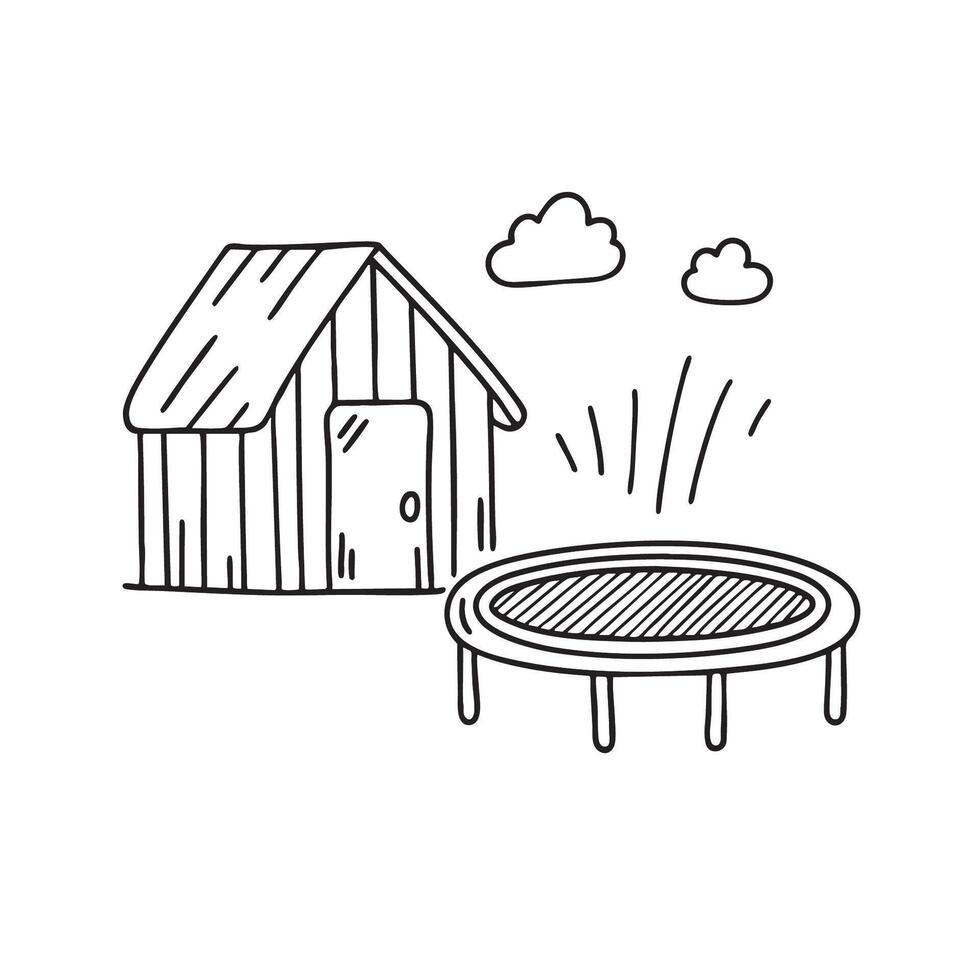 A trampoline placed near a garden shed vector