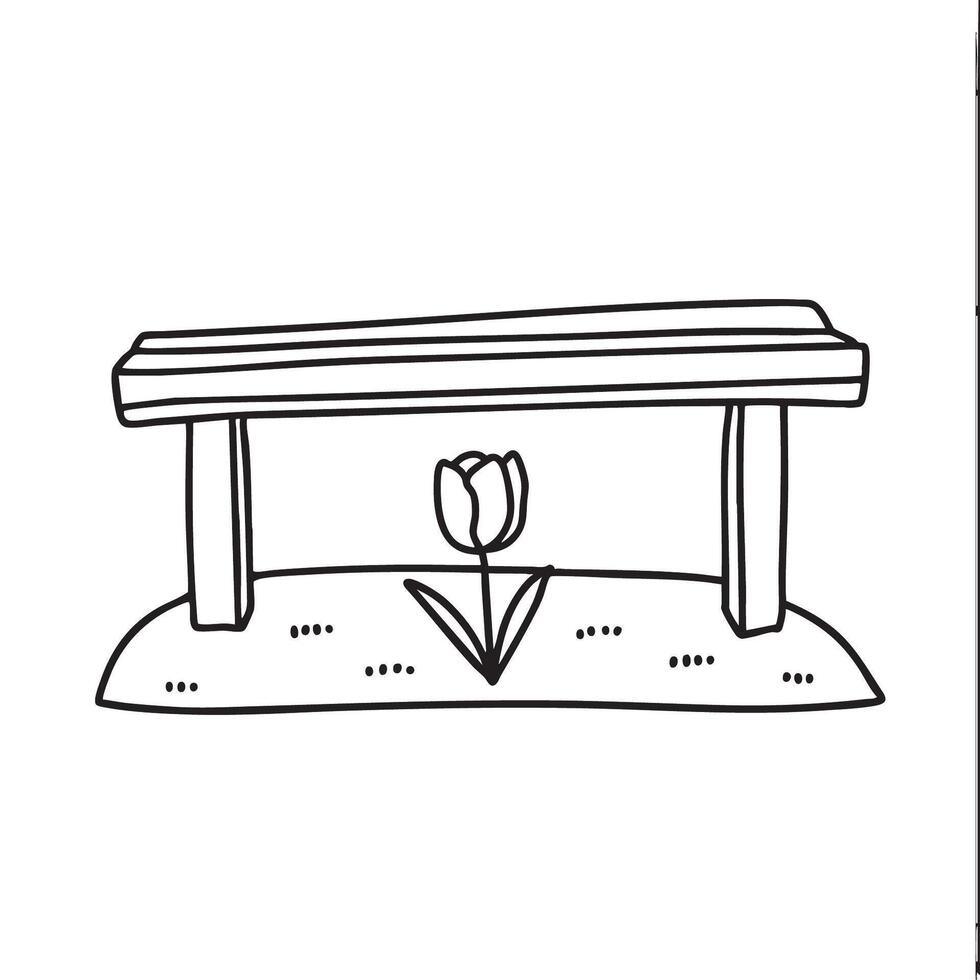 A tulip resting beneath a short wooden bench vector