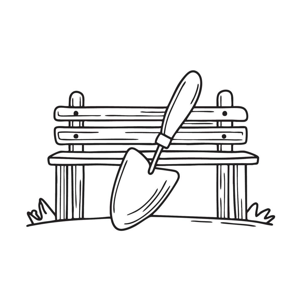 A garden bench with a trowel beneath it vector