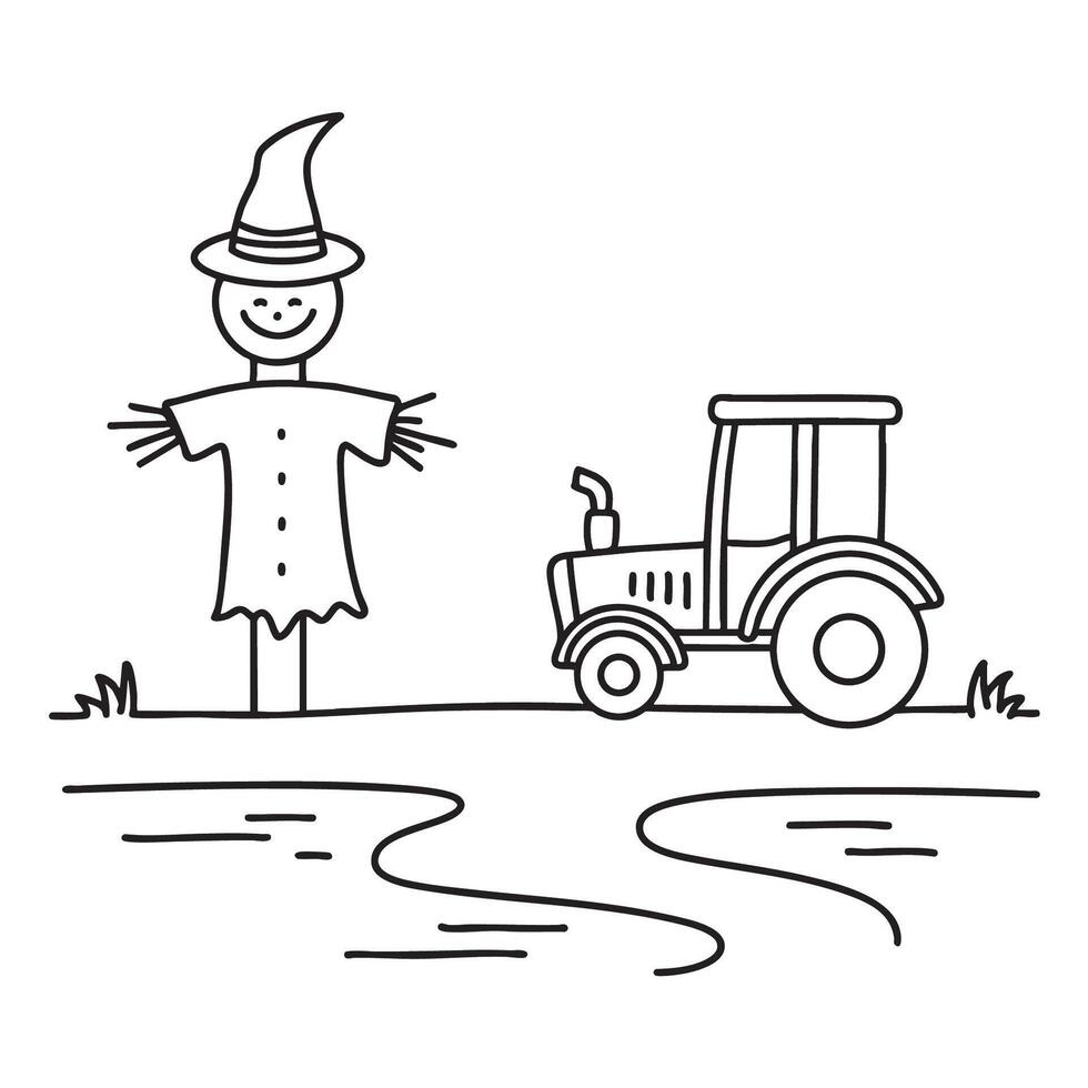 A tractor beside a scarecrow near a path vector