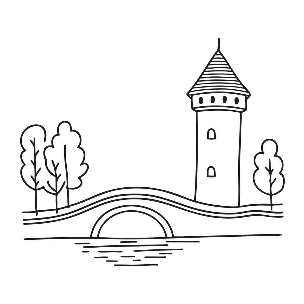 A tower standing by a narrow stream bridge vector