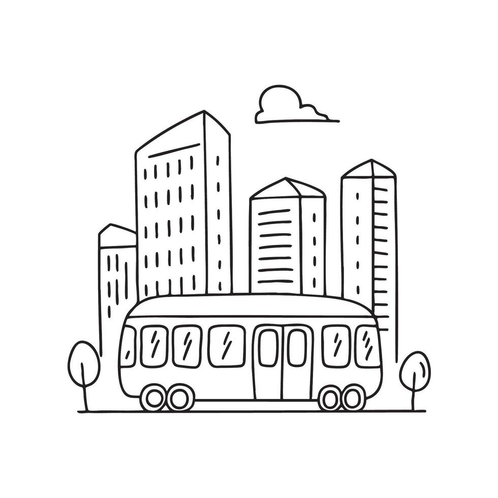 A tram passing behind tall buildings vector