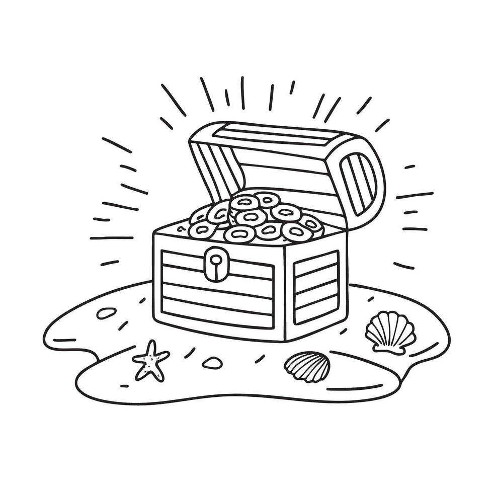 An open chest on beach sand with scattered coins and nearby seashells vector