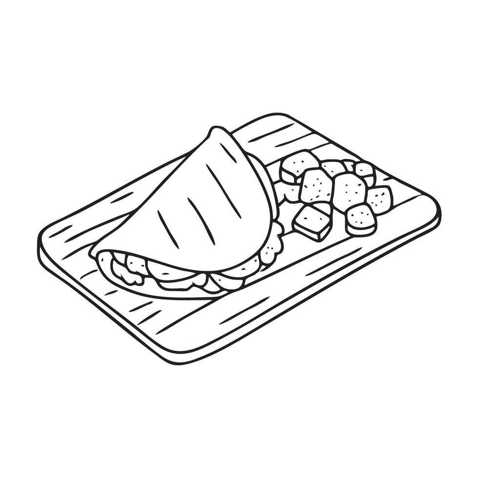 A tortilla folded beside grilled meat on a wooden tray vector