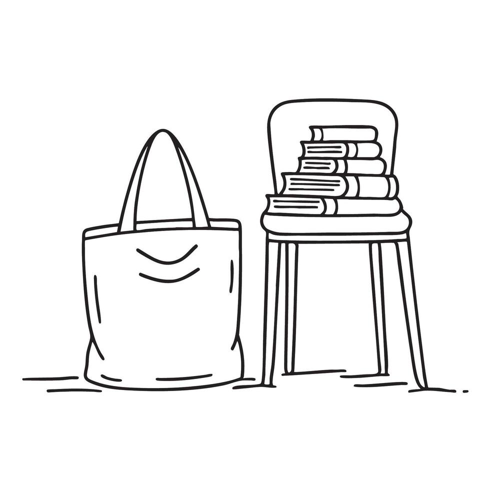 A tote bag leaning near a chair with books vector