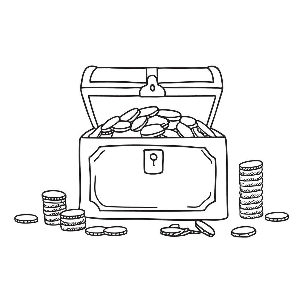 Scattered coins lying next to a treasure chest with open lid vector