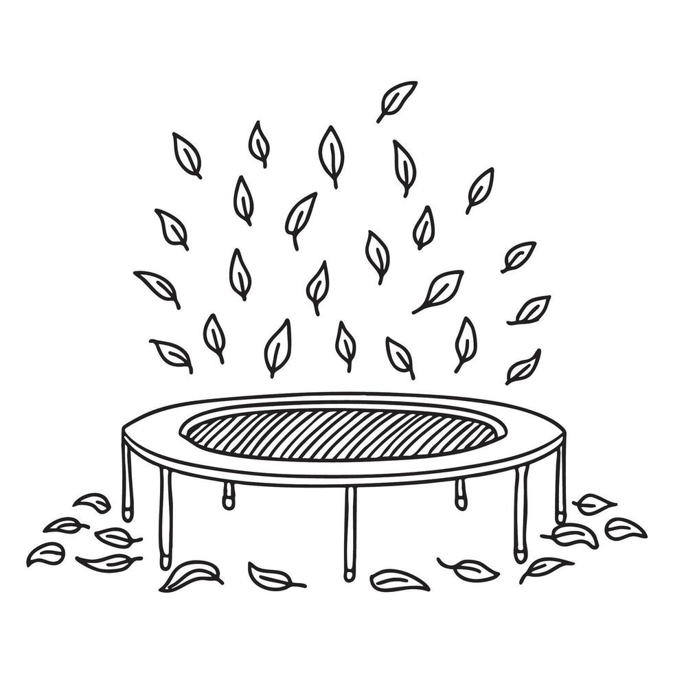 A trampoline under falling leaves with scattered leaves on the ground vector