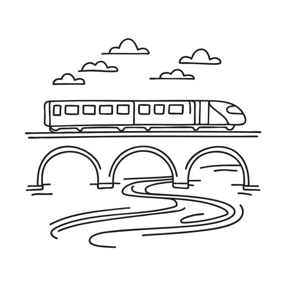 A long train crossing a small bridge over a stream vector