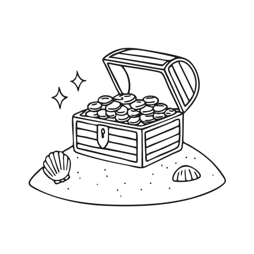 A treasure chest opened on the sand, coins and seashells around vector