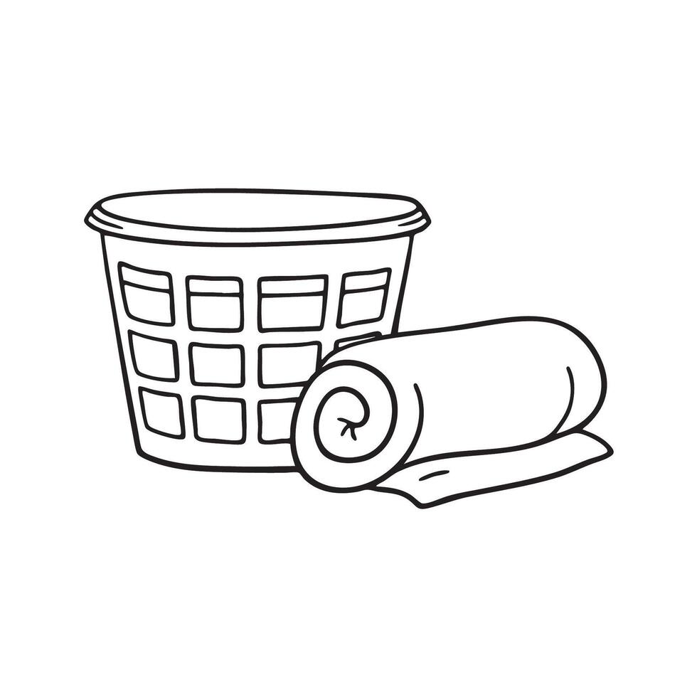 A towel rolled up near a emptyy basket of laundry vector