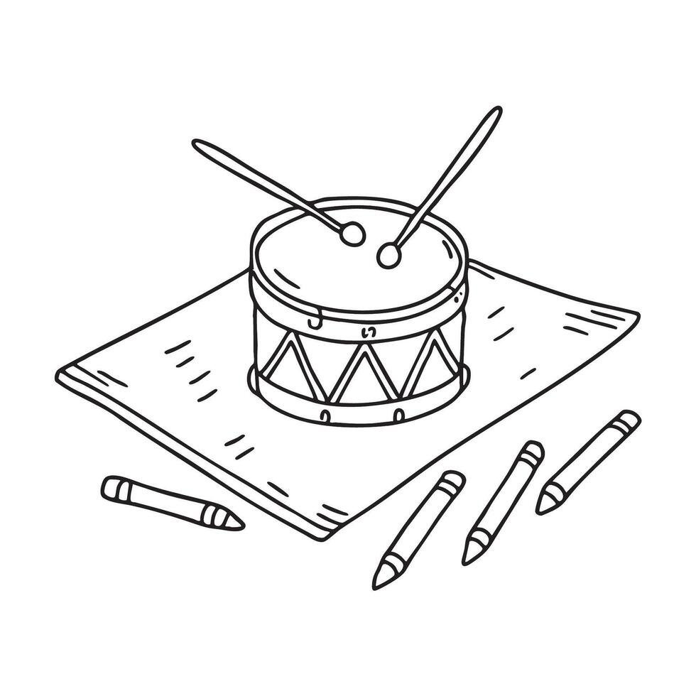 A toy drum near scattered crayons on the mat vector