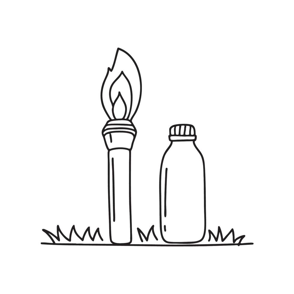 A torch placed beside a water bottle on the grass vector