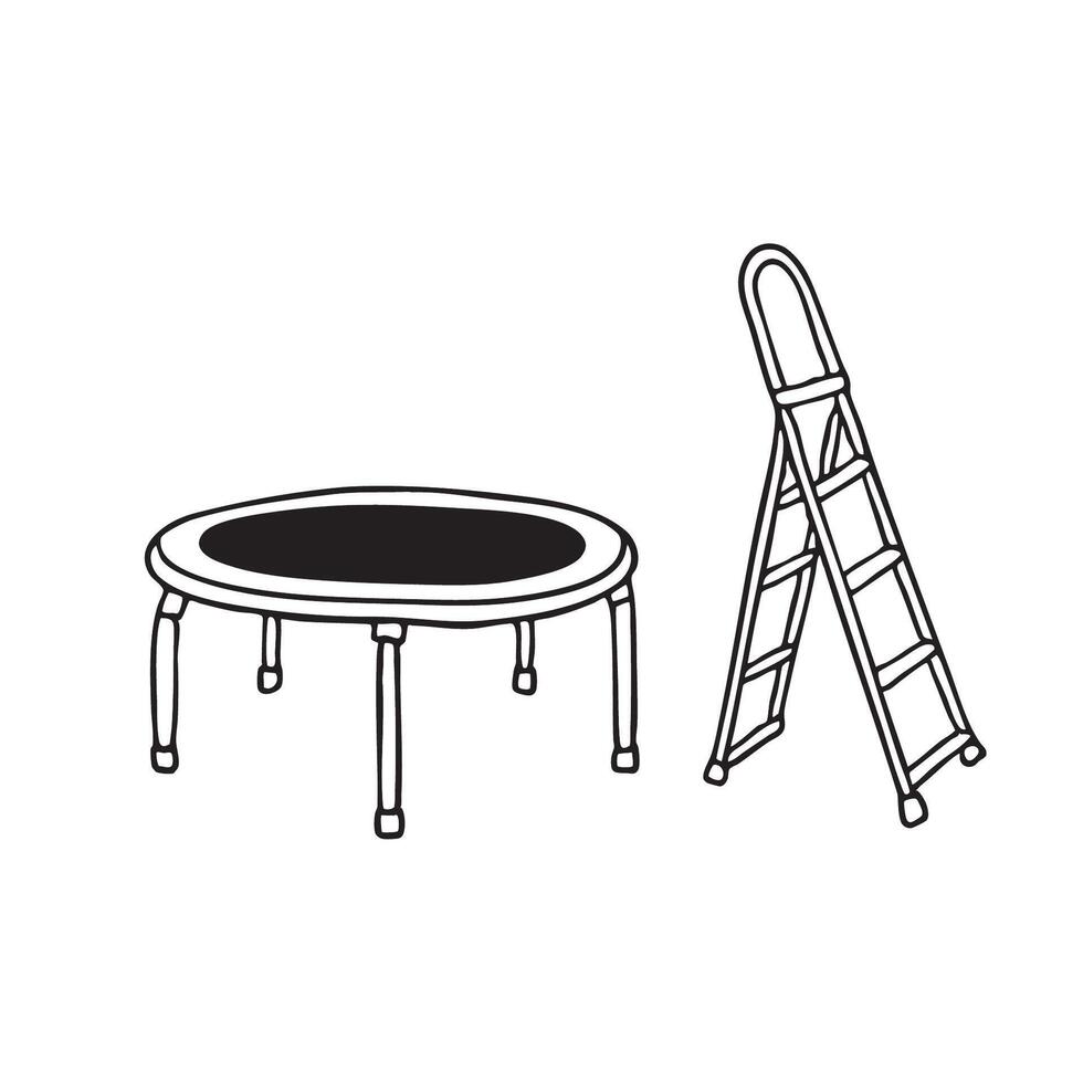 A trampoline standing next to a collapsible ladder vector
