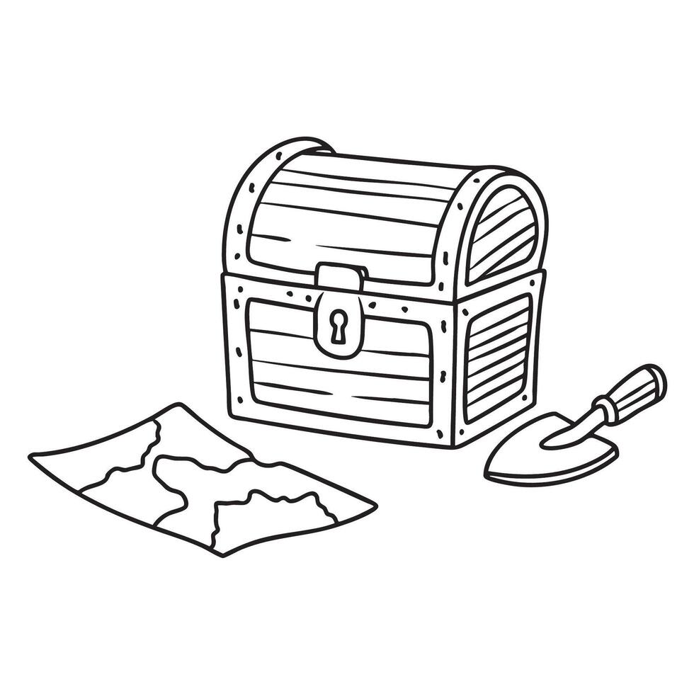 A treasure chest beside a snapped shovel with a map resting nearby vector