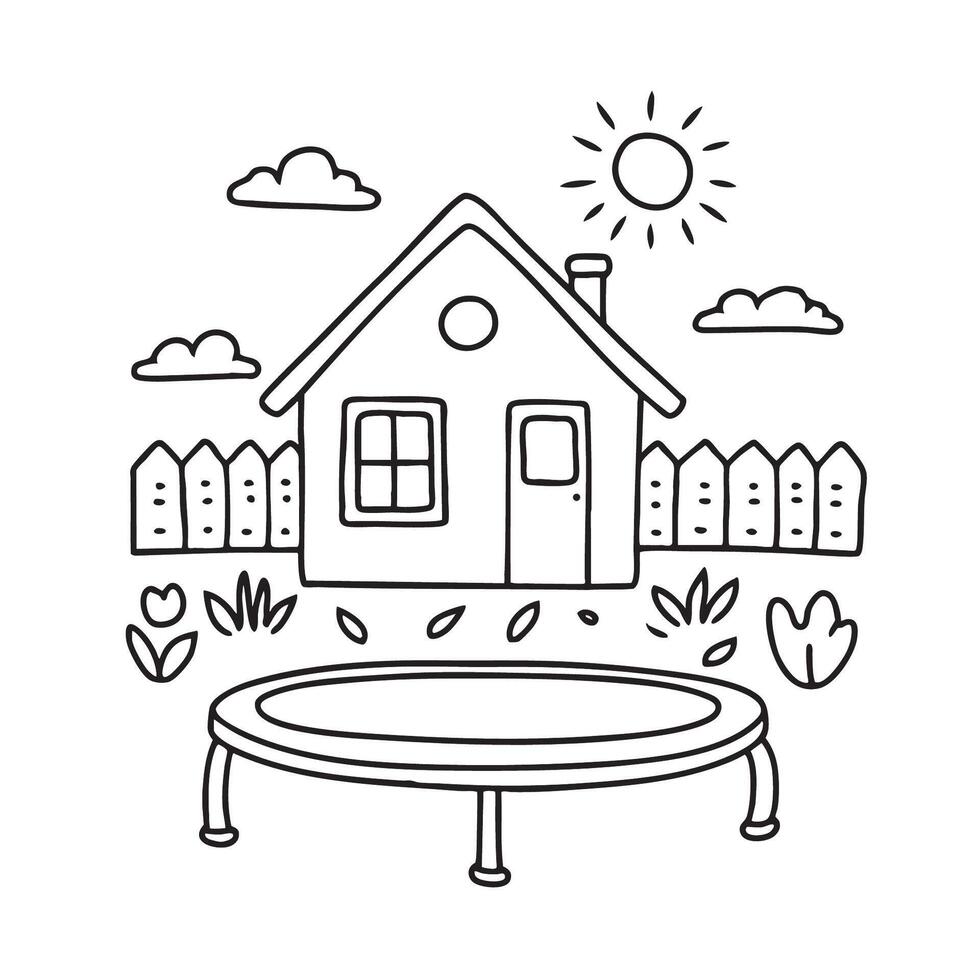 A trampoline in the garden near a house window vector