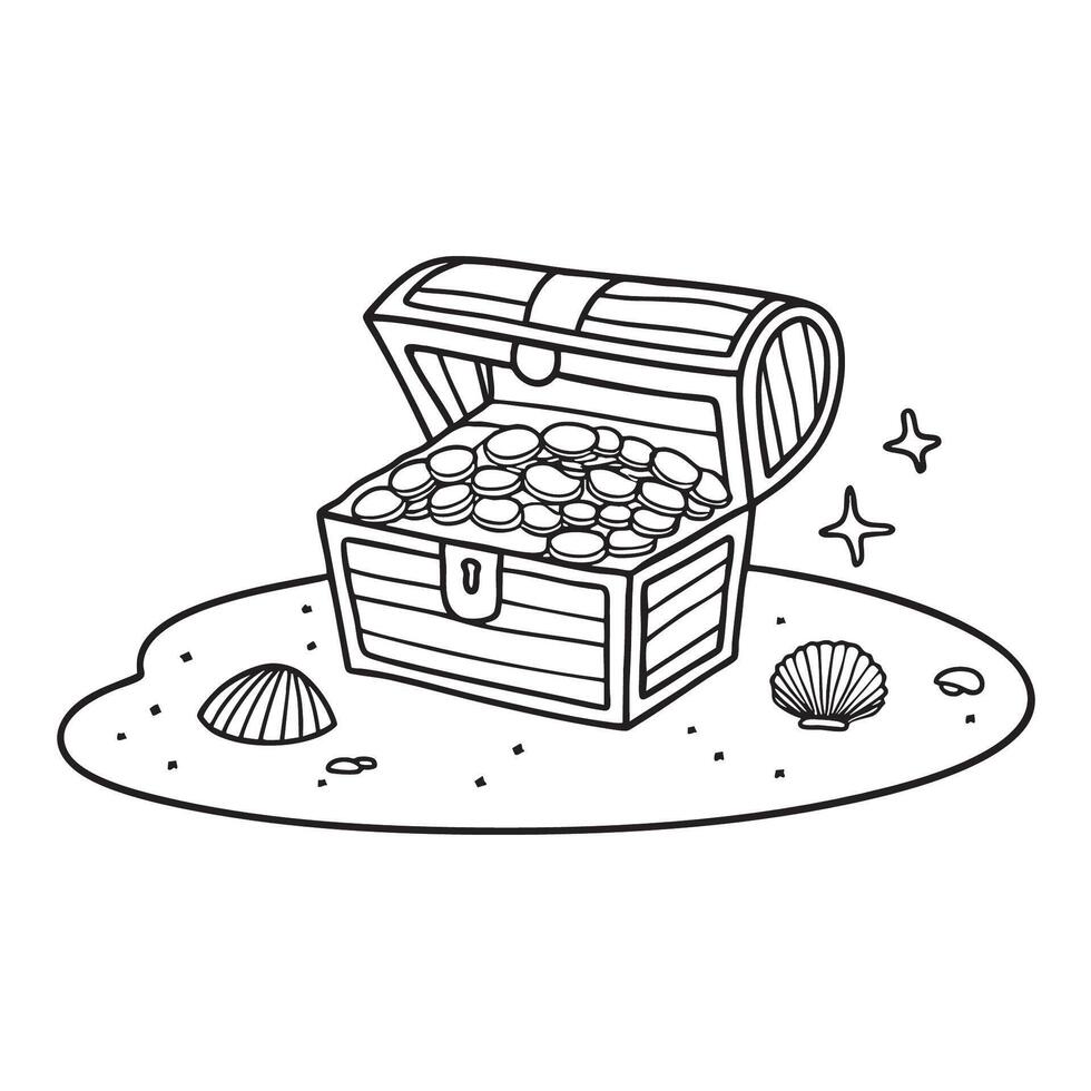 Coins spilling from an opened treasure chest placed on beach sand vector