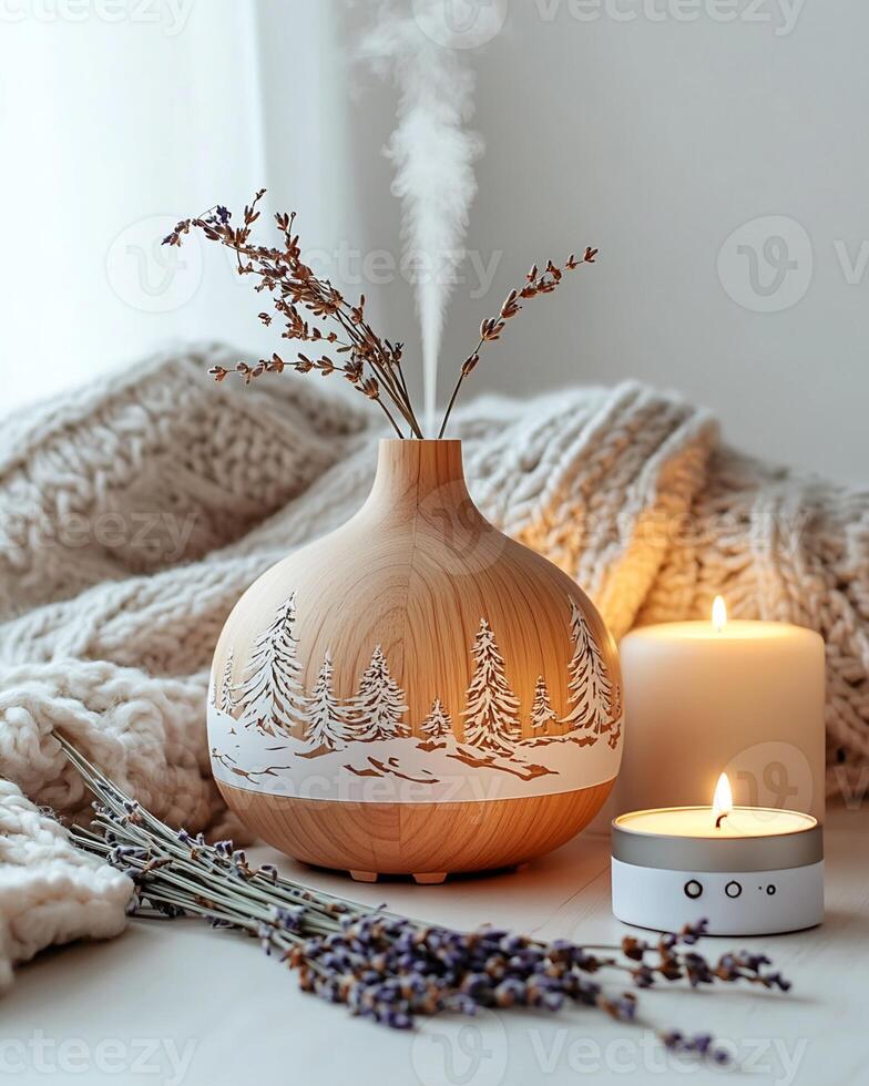 Wooden Diffuser with Winter Design, Candles, and Lavender photo
