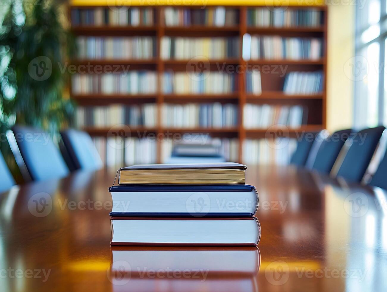 Three Books Stacked on Conference Table with Bookshelf Background photo