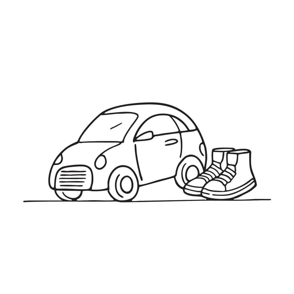 A small toy car lying beside a pair of shoes on the floor vector