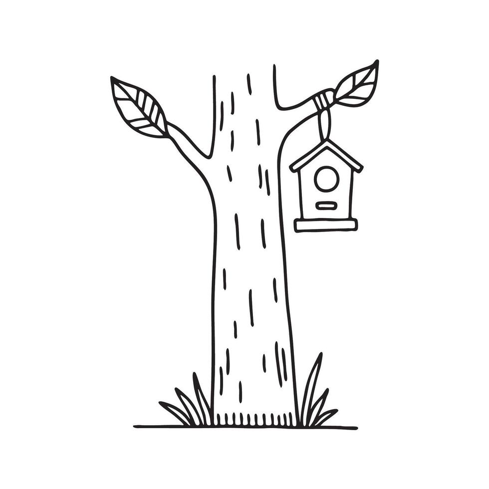 A birdhouse fixed to the side of a tree trunk vector