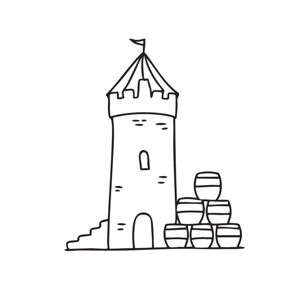 A tower castle next to a pile of barrels vector