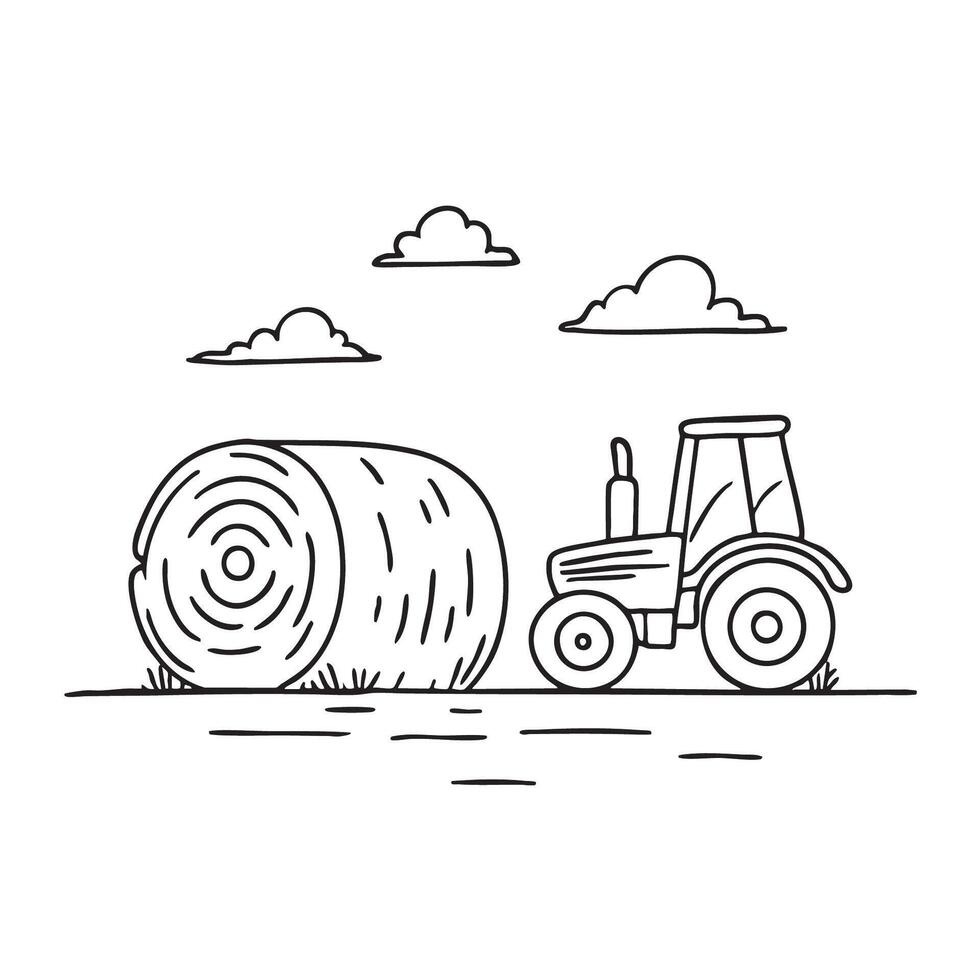 A tractor parked beside a hay bale in the field vector