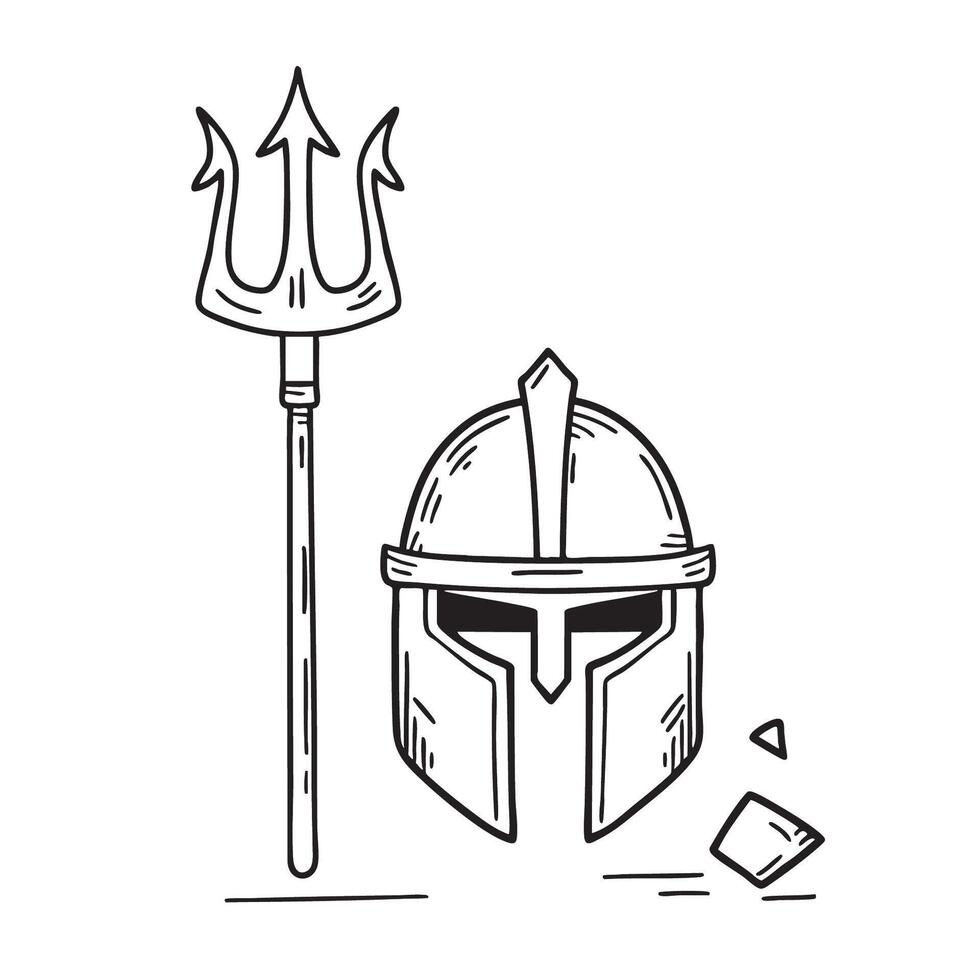 A trident lying near a warrior helmet with cracks vector