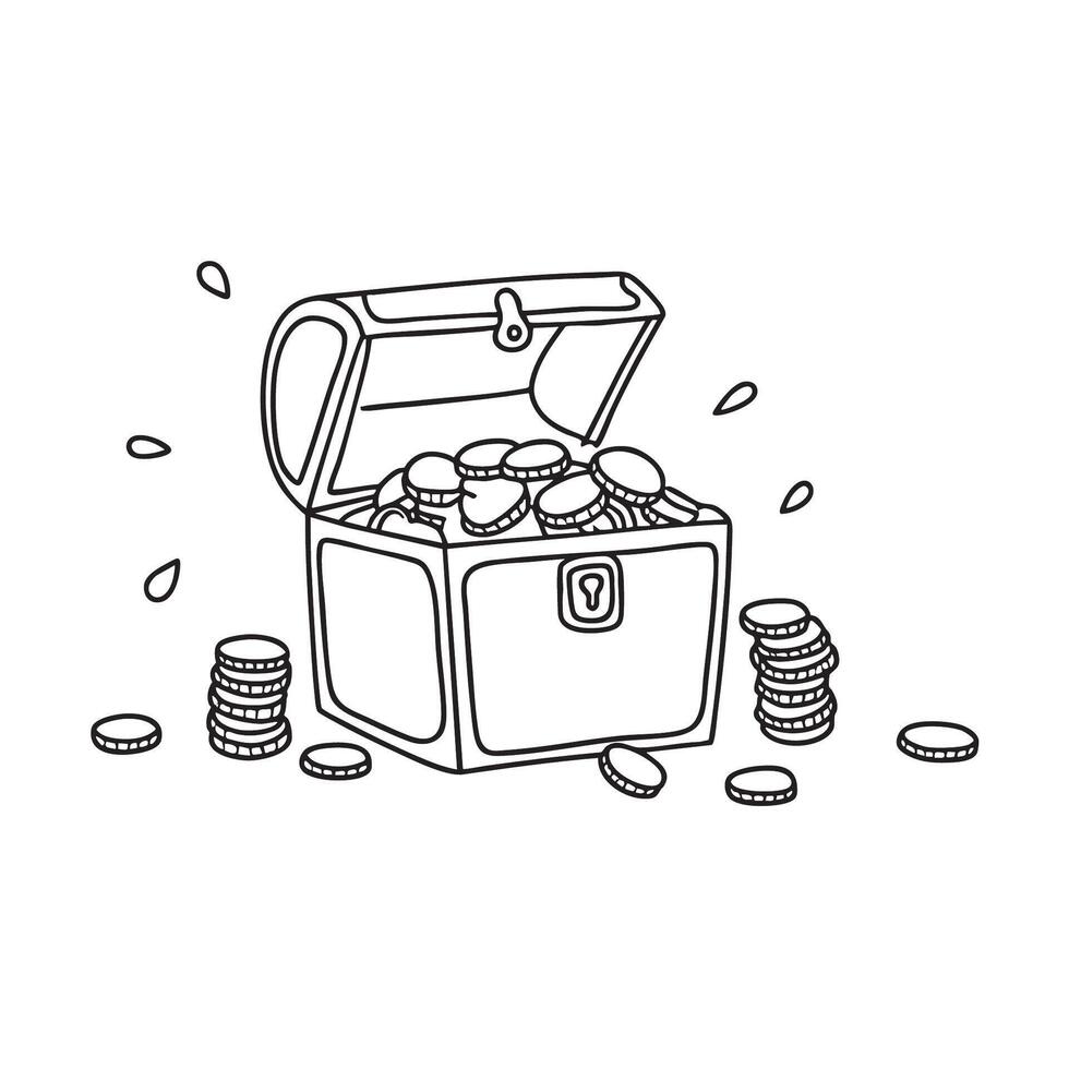 An open treasure chest with scattered coins at its base vector
