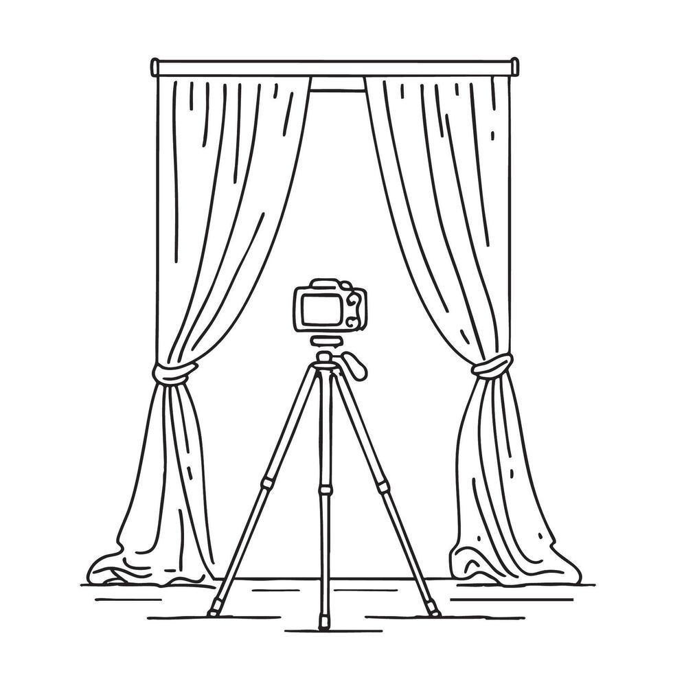 A tripod positioned in front of a curtain backdrop vector