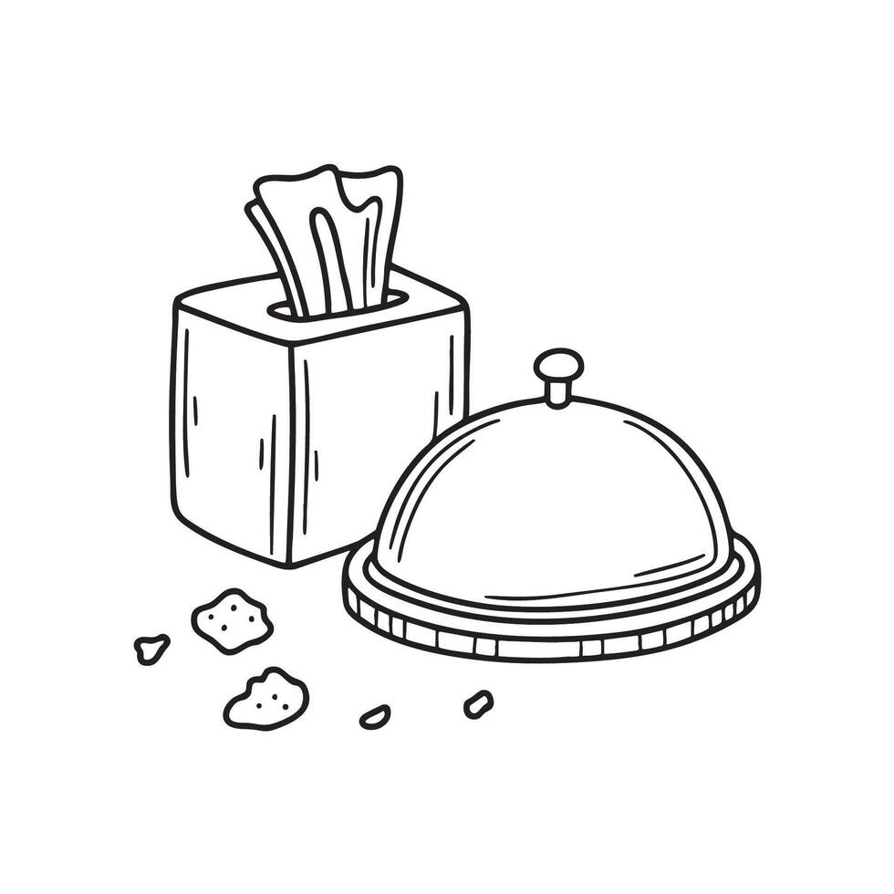 A tray beside a napkin box with crumbs on the tray vector