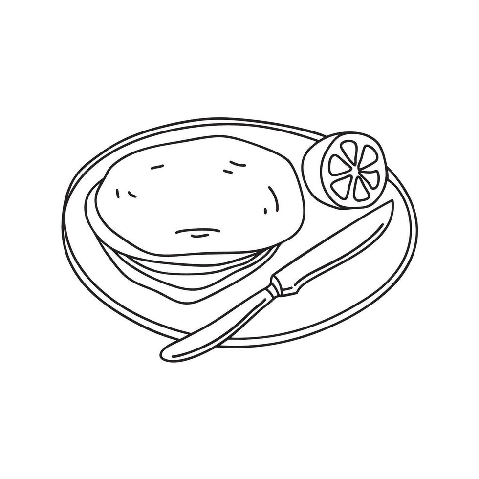 A tortilla on plate beside a knife and lemon wedge vector