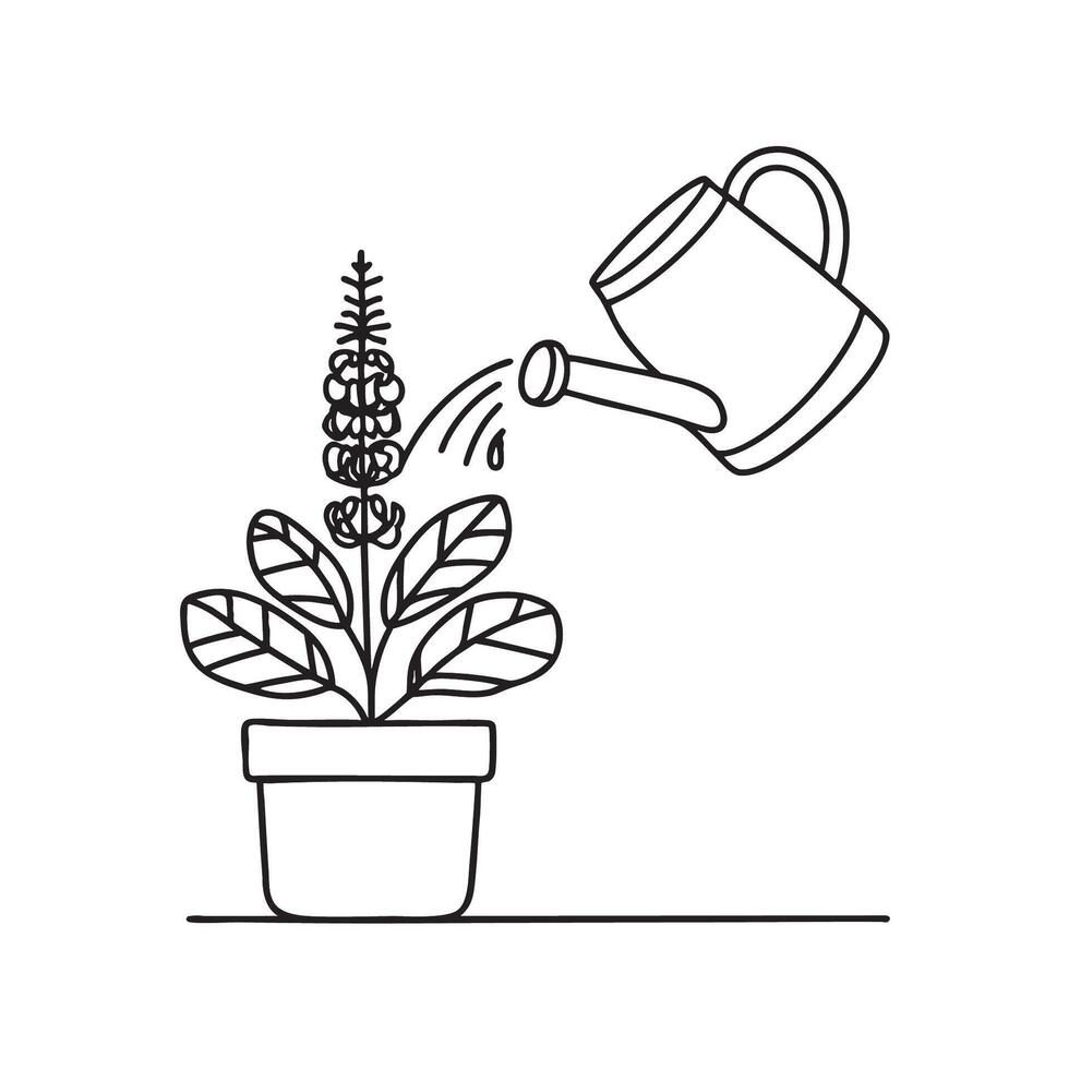 A tulsi plant next to a watering can vector